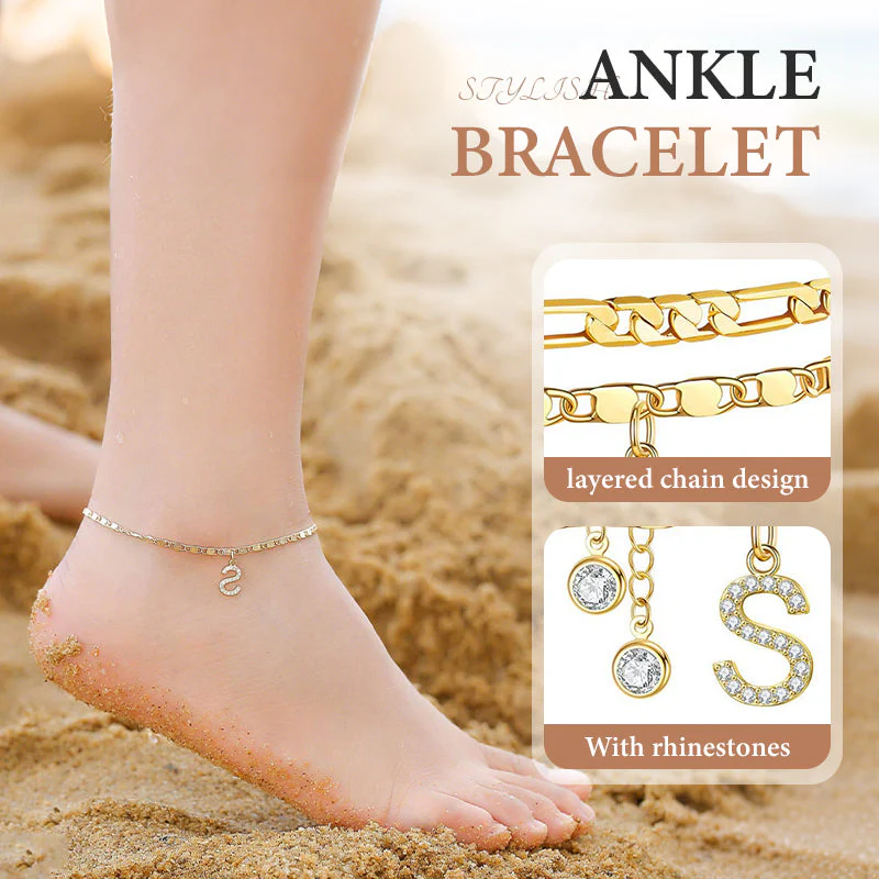 Avienne™ – Layered Gold Initial Anklet with Rhinestone Charm + 1+1 FREE