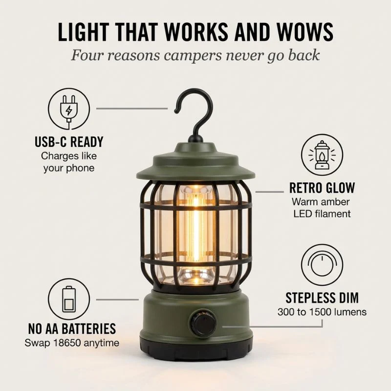 Burnwick™ – Rechargeable Retro LED Camping Lantern with Stepless Dimming + 50% OFF - Image 4