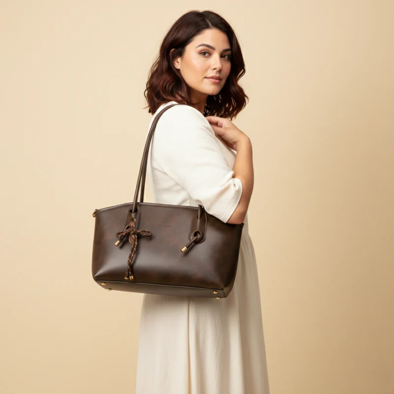 Drape™ – Vintage Bow Accent Leather Shoulder Tote Bag + 50% OFF - Image 2