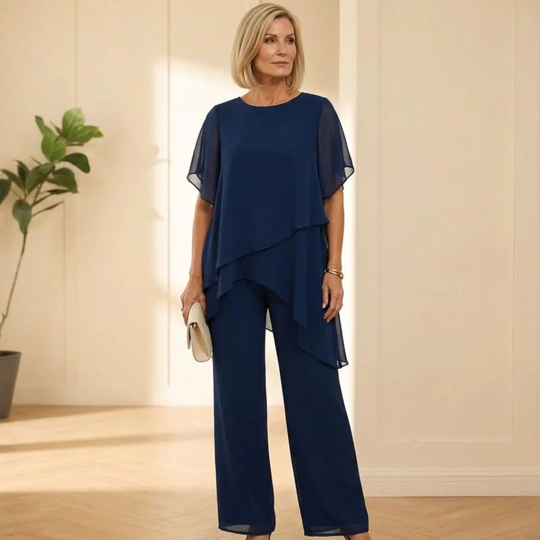 Drapesse™ – Asymmetric Layered Chiffon Top & Wide Leg Pants Set + 50% OFF