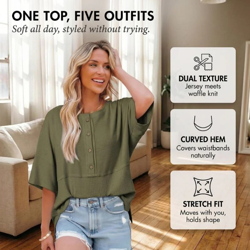 Driftholm™ – Waffle Knit Spliced Button Top | Relaxed Fit, 3/4 Sleeve + 50% OFF - Image 3