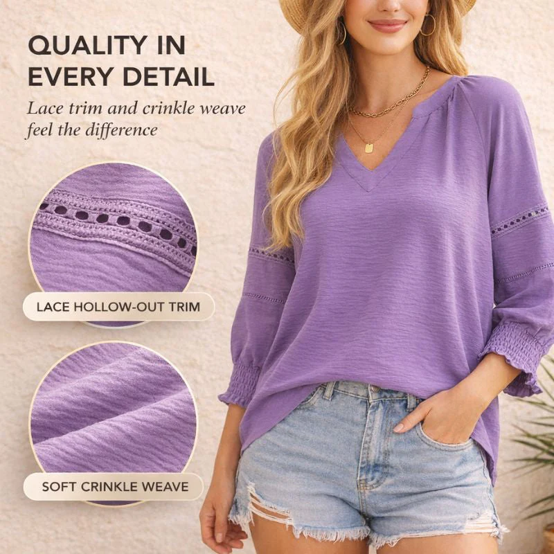 Fleurette™ – V-Neck Lace Hollow-Out Smocked Cuff Blouse + 50% OFF - Image 5