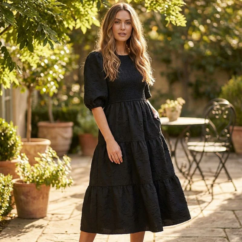 Florenne™ – Embossed Floral Smocked Puff Sleeve Tiered Midi Dress + 50% OFF