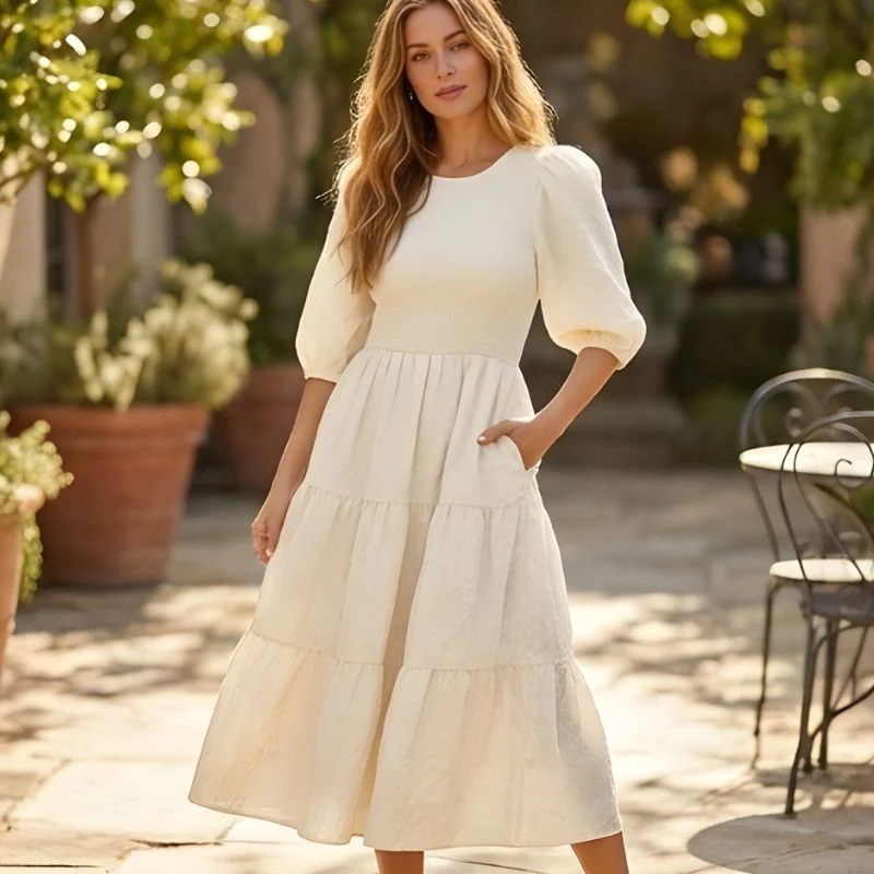 Florenne™ – Embossed Floral Smocked Puff Sleeve Tiered Midi Dress + 50% OFF - Image 12