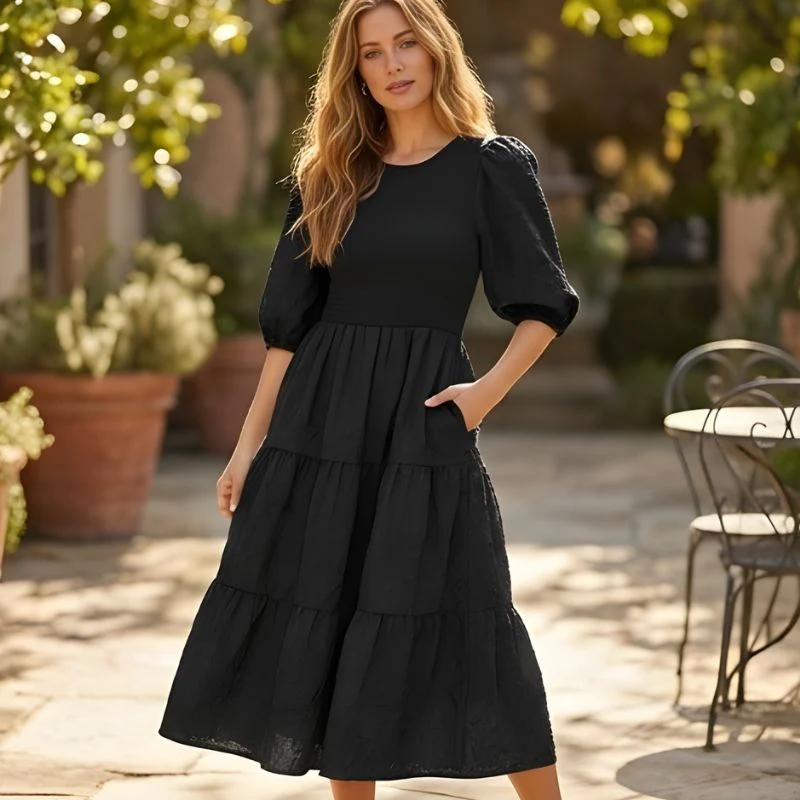 Florenne™ – Embossed Floral Smocked Puff Sleeve Tiered Midi Dress + 50% OFF - Image 13