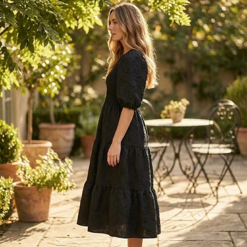 Florenne™ – Embossed Floral Smocked Puff Sleeve Tiered Midi Dress + 50% OFF - Image 2