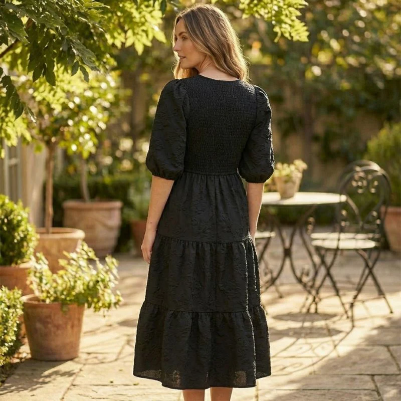 Florenne™ – Embossed Floral Smocked Puff Sleeve Tiered Midi Dress + 50% OFF - Image 3