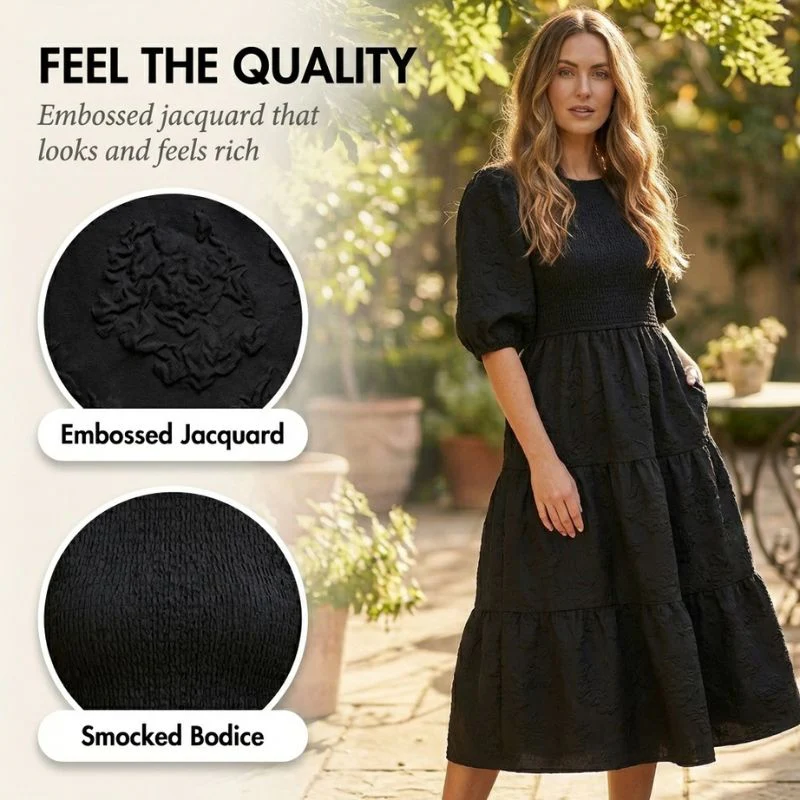 Florenne™ – Embossed Floral Smocked Puff Sleeve Tiered Midi Dress + 50% OFF - Image 5