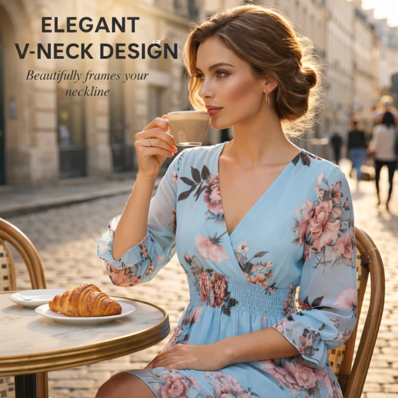 Florette™ – Floral V-Neck Shirred Waist Women's Dress + 50% OFF - Image 2