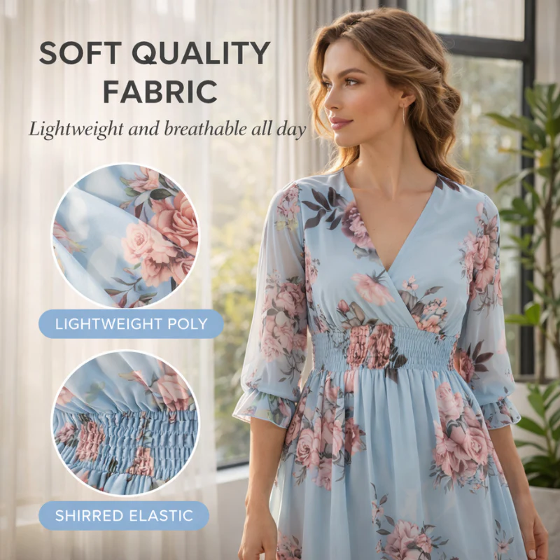 Florette™ – Floral V-Neck Shirred Waist Women's Dress + 50% OFF - Image 4