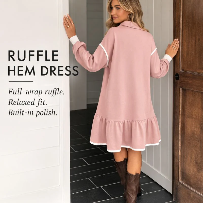 Flounce™ – Half-Zip Ruffle Hem Long Sleeve Sweatshirt Dress + 50% OFF - Image 3