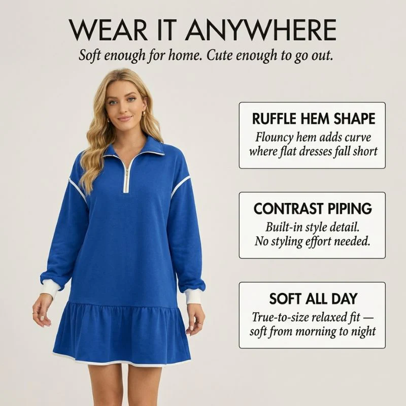 Flounce™ – Half-Zip Ruffle Hem Long Sleeve Sweatshirt Dress + 50% OFF - Image 4