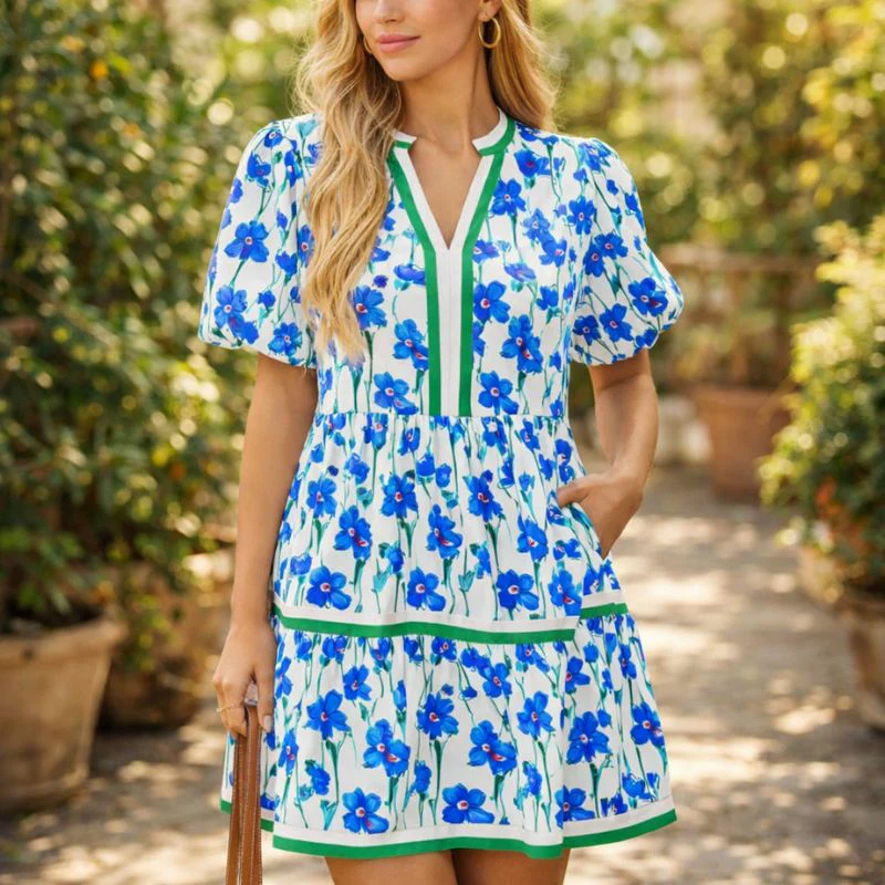 Flounce™ – Puff Sleeve Floral Print Swing Mini Dress with Pockets + 50% OFF