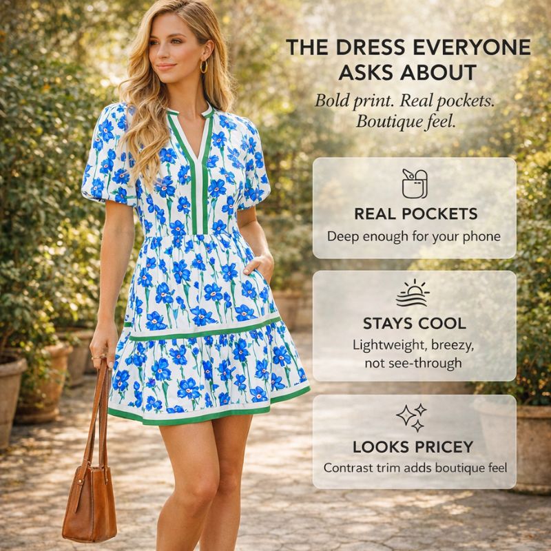 Flounce™ – Puff Sleeve Floral Print Swing Mini Dress with Pockets + 50% OFF - Image 4
