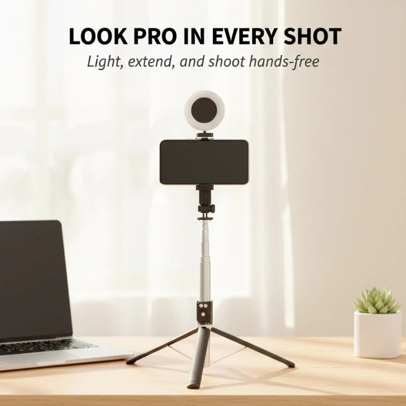 Framecast™ All-in-One Selfie Stick Tripod with Fill Light & Bluetooth Remote - 50% OFF