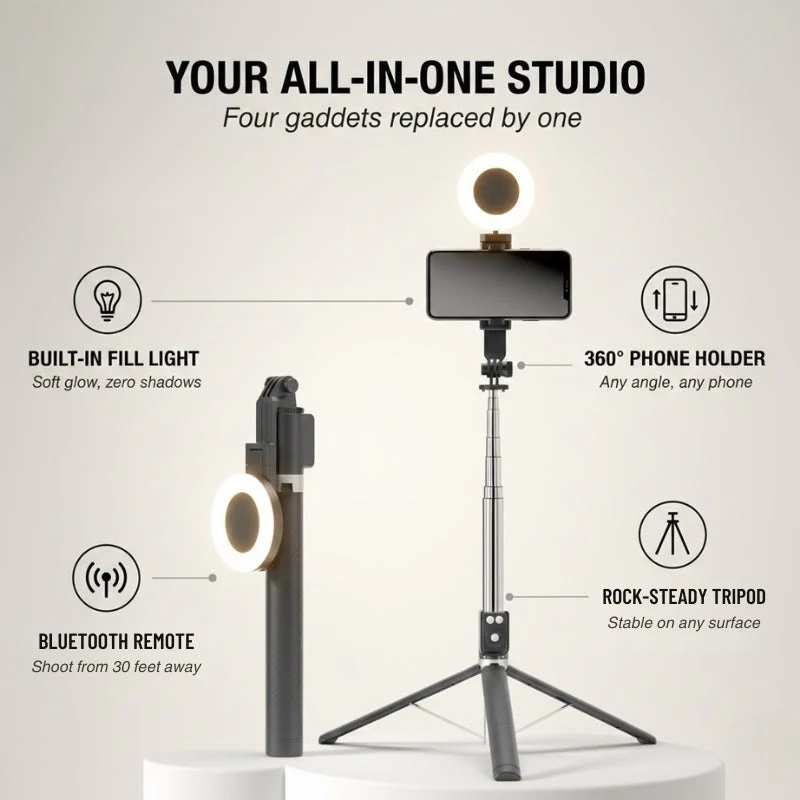 Framecast™ All-in-One Selfie Stick Tripod with Fill Light & Bluetooth Remote - 50% OFF - Image 4