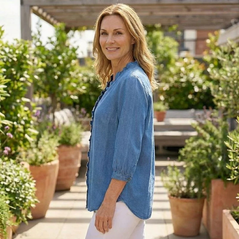 Gatherne™ – Ruffle V-Neck Soft Denim Blouse for Women + 50% OFF - Image 2