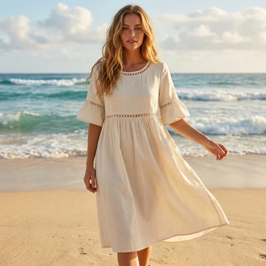 Gossamer™ – Eyelet Lace Cotton Linen Midi Dress with Pockets + 50% OFF