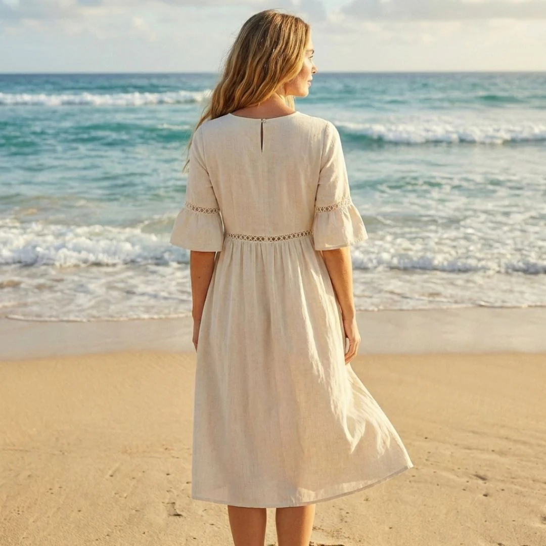 Gossamer™ – Eyelet Lace Cotton Linen Midi Dress with Pockets + 50% OFF - Image 3