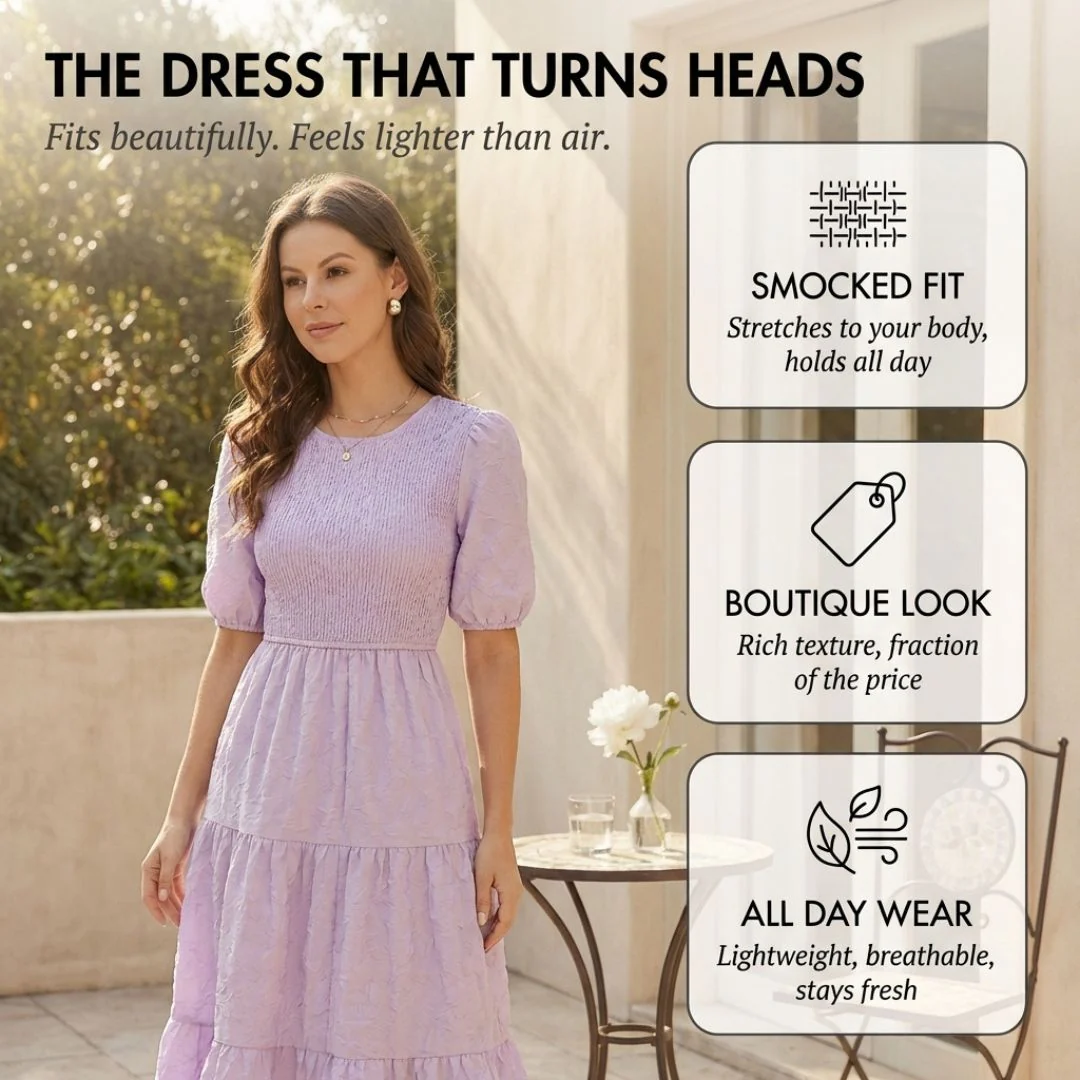 Gossamer™ – Smocked Puff Sleeve Tiered Midi Dress + 50% OFF - Image 4