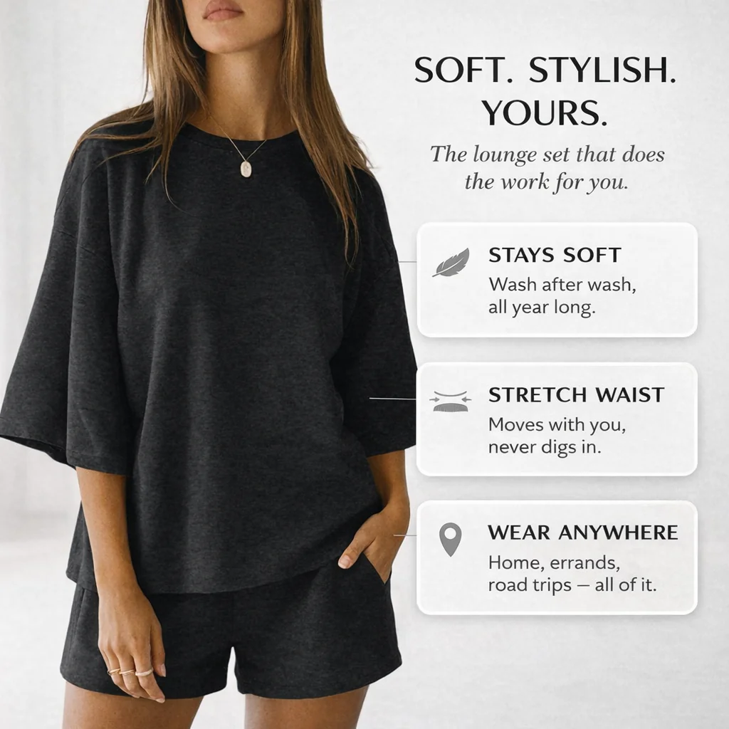 Hushwear™ – Oversized Lounge Set Women 3/4 Sleeve Top & Elastic Waist Shorts + 50% OFF - Image 4