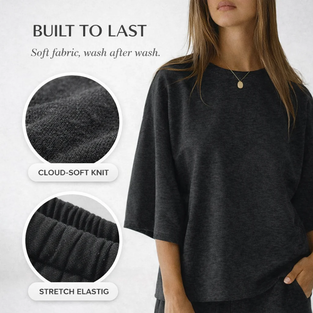 Hushwear™ – Oversized Lounge Set Women 3/4 Sleeve Top & Elastic Waist Shorts + 50% OFF - Image 5