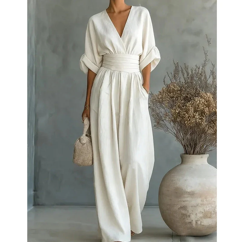 Linora™ – Flowy V-Neck Wide-Leg Jumpsuit with Cinched Waist Sash + 50% OFF - Image 4