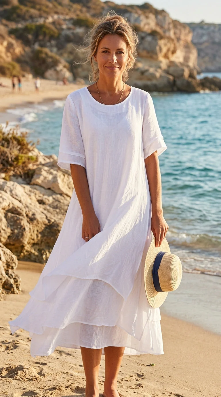 Linwell™ – Layered Cotton-Linen Flowing Midi Dress with Asymmetric Hem + 50% OFF