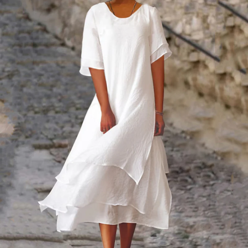 Linwell™ – Layered Cotton-Linen Flowing Midi Dress with Asymmetric Hem + 50% OFF - Image 13