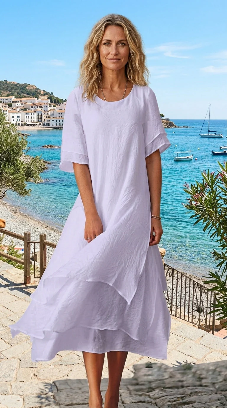 Linwell™ – Layered Cotton-Linen Flowing Midi Dress with Asymmetric Hem + 50% OFF - Image 6