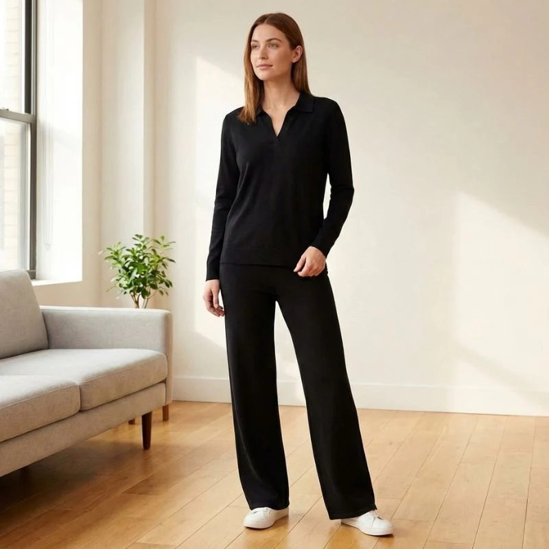 Luvene™ – Soft Knit V-Neck Lapel Top & Wide-Leg Pants Lounge Set + 50% OFF