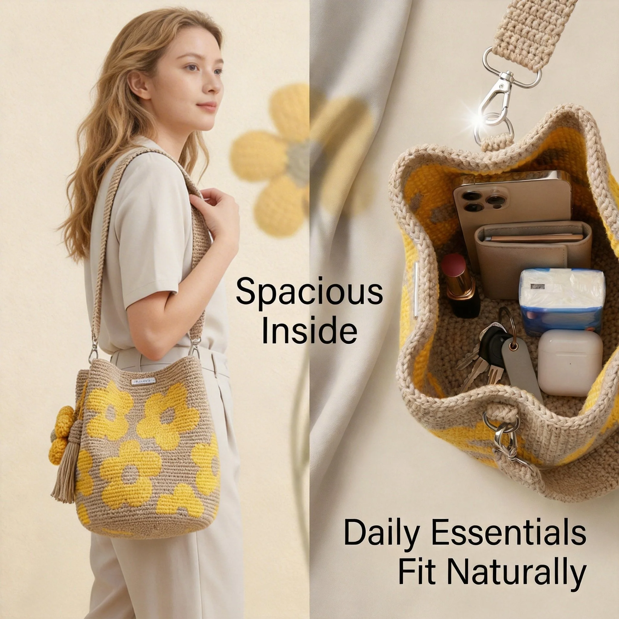 Marigold Lane™ – Handmade Crochet Flower Tote with 3D Floral Appliqués & Tassel Charm + 50% OFF - Image 5