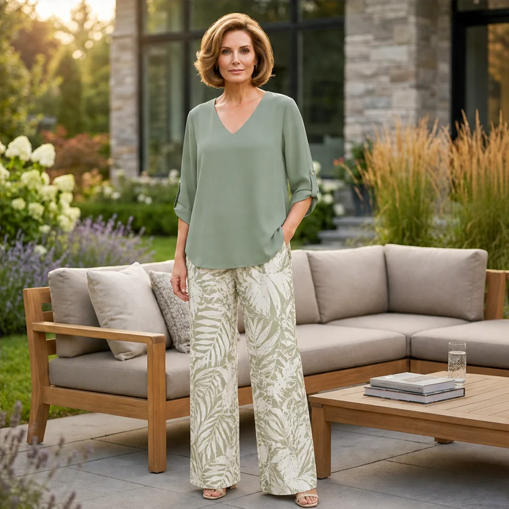 Marisola™ – Effortless V-Neck Blouse & Wide-Leg Palm-Print Pants Set + 50% OFF - Image 14