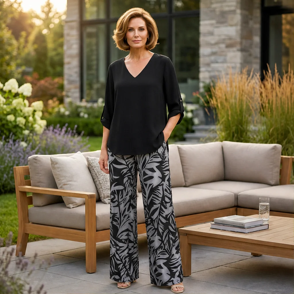 Marisola™ – Effortless V-Neck Blouse & Wide-Leg Palm-Print Pants Set + 50% OFF - Image 15