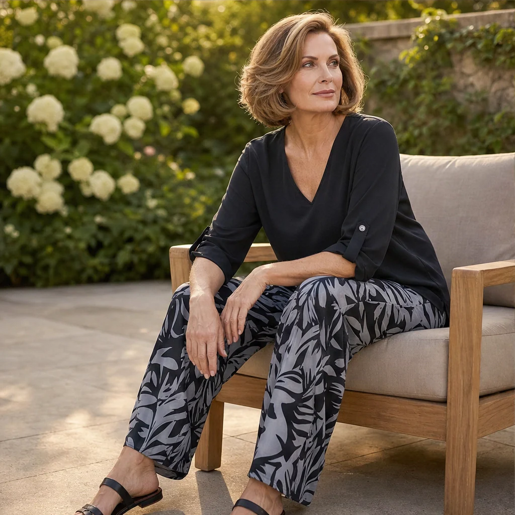 Marisola™ – Effortless V-Neck Blouse & Wide-Leg Palm-Print Pants Set + 50% OFF - Image 2