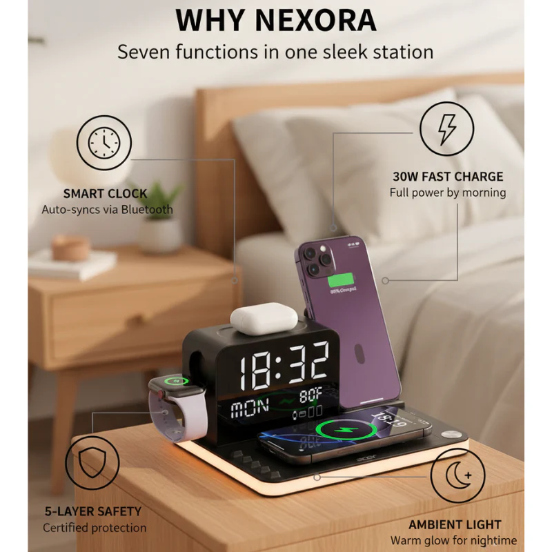 Nexora™ – 7-in-1 Smart Wireless Charging Station with Clock & Night Light + 50% OFF - Image 3