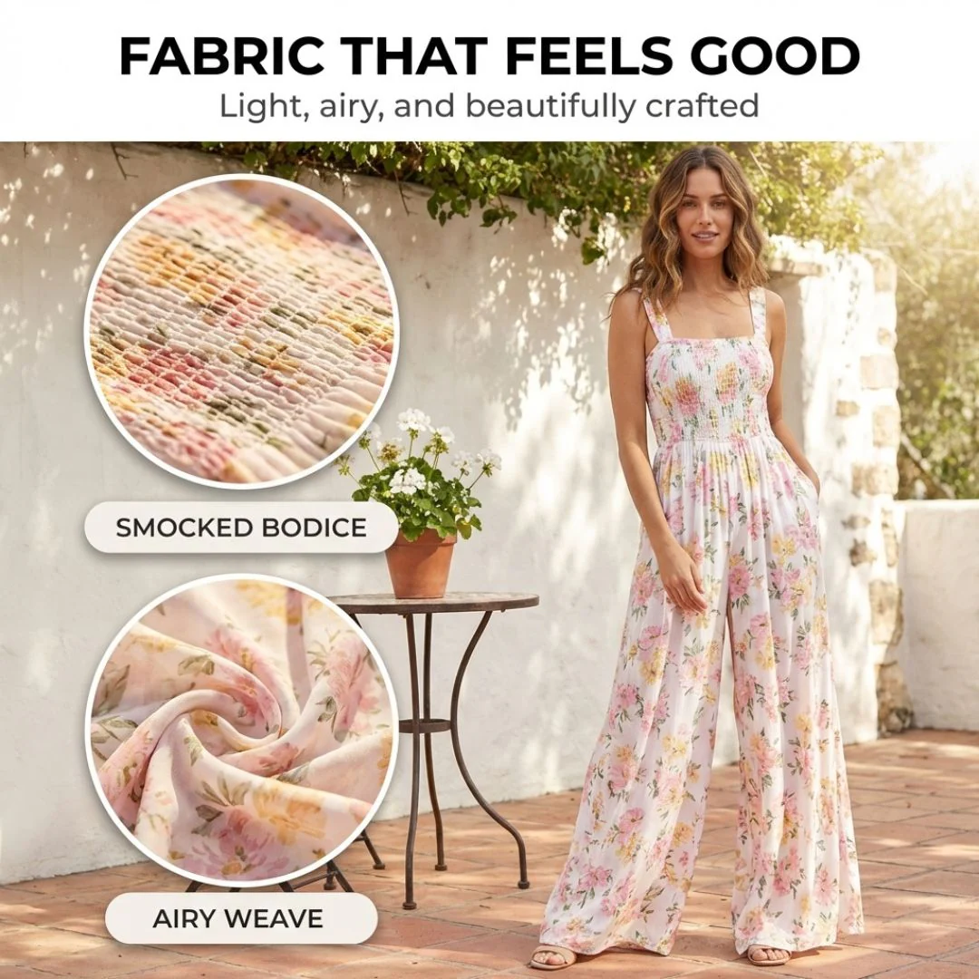 Petalia™ – Smocked Floral Wide-Leg Sleeveless Jumpsuit with Pockets + 50% OFF - Image 5