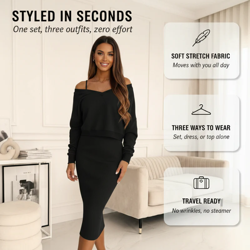 Plié™ – Layered V-Neck Pullover & Midi Dress 2-Piece Set + 50% OFF - Image 4