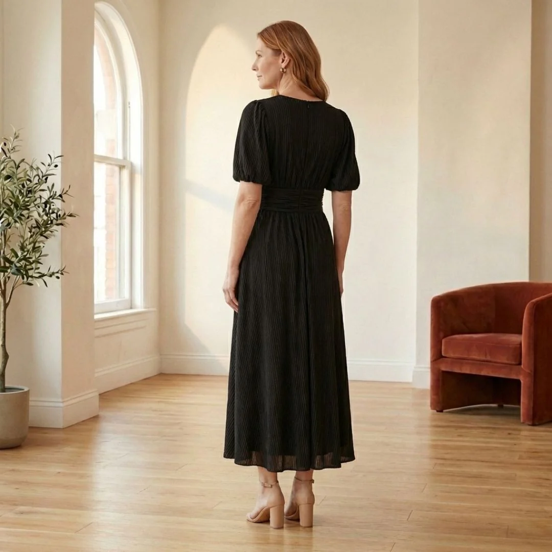 Plissé™ – Ruched Waist Puff Sleeve Midi Dress | V-Neck Flowing Fabric for Women + 50% OFF - Image 3