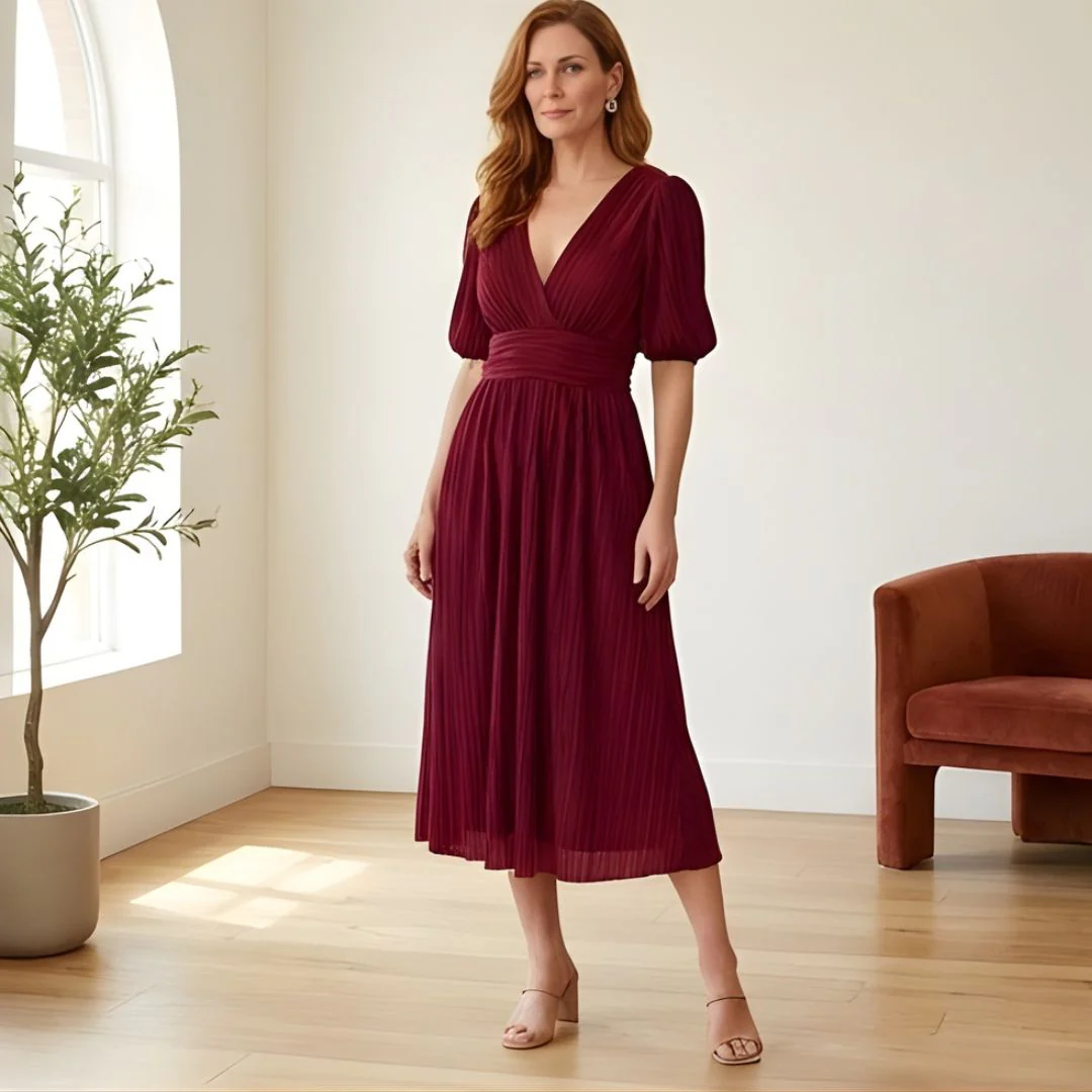 Plissé™ – Ruched Waist Puff Sleeve Midi Dress | V-Neck Flowing Fabric for Women + 50% OFF - Image 7