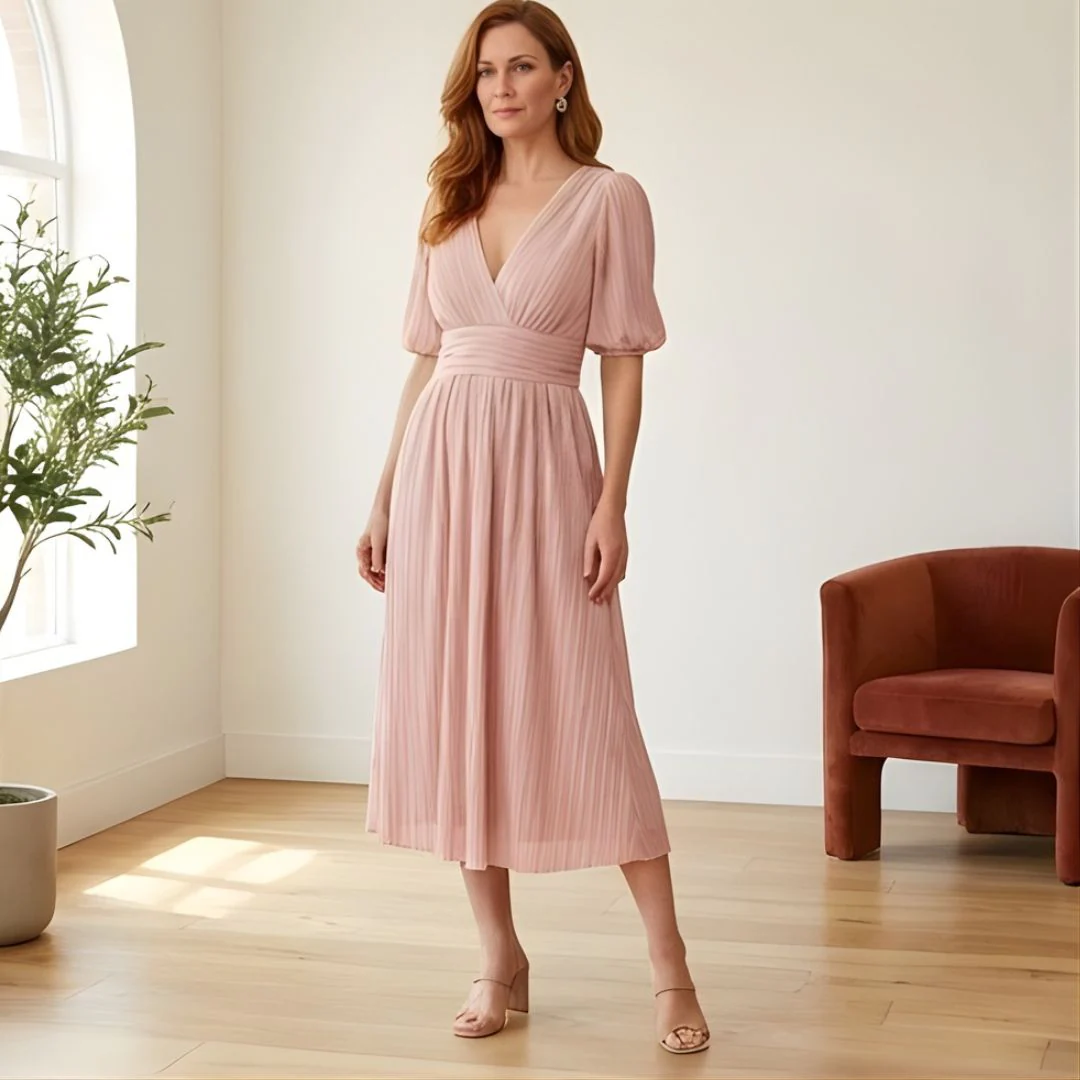 Plissé™ – Ruched Waist Puff Sleeve Midi Dress | V-Neck Flowing Fabric for Women + 50% OFF - Image 8