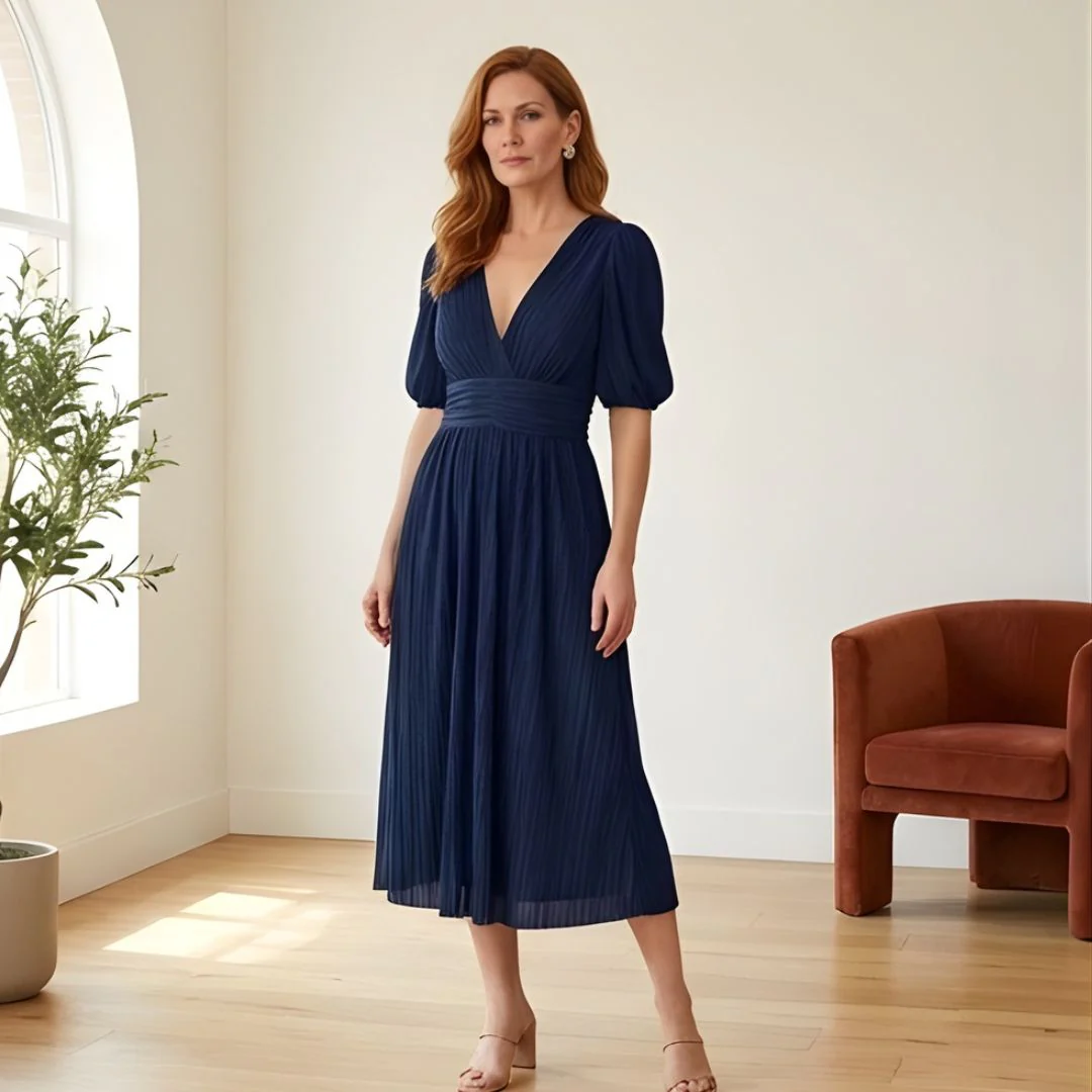 Plissé™ – Ruched Waist Puff Sleeve Midi Dress | V-Neck Flowing Fabric for Women + 50% OFF - Image 9