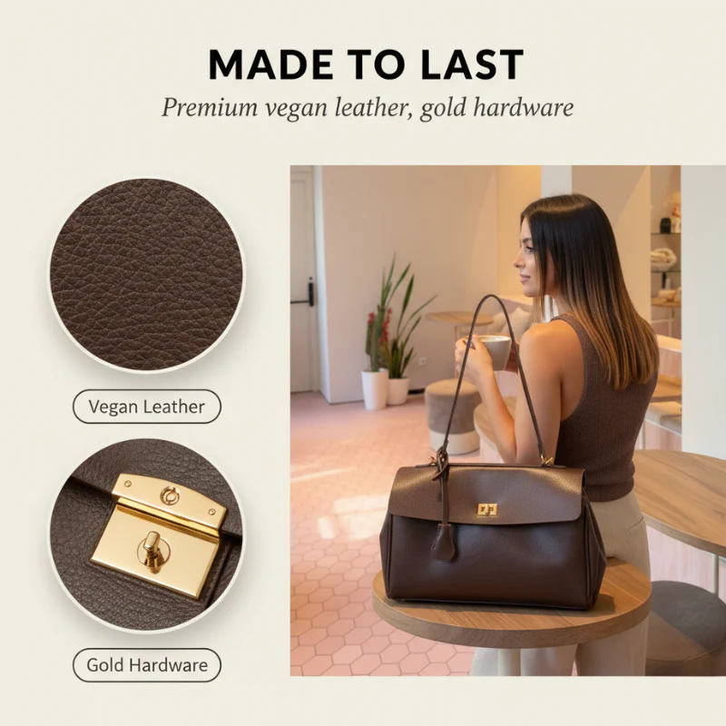 Sable™ – Vintage-Inspired Vegan Leather Shoulder Bag with Gold Turn-Lock & Detachable Charm + 50% OFF - Image 3