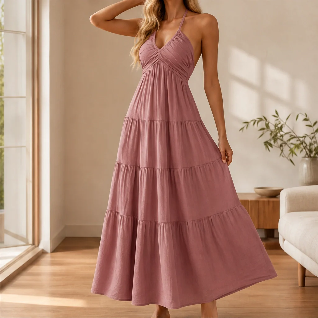 Sundara™ – Flowing Halter Backless Tiered Resort Maxi Dress + 50% OFF - Image 14