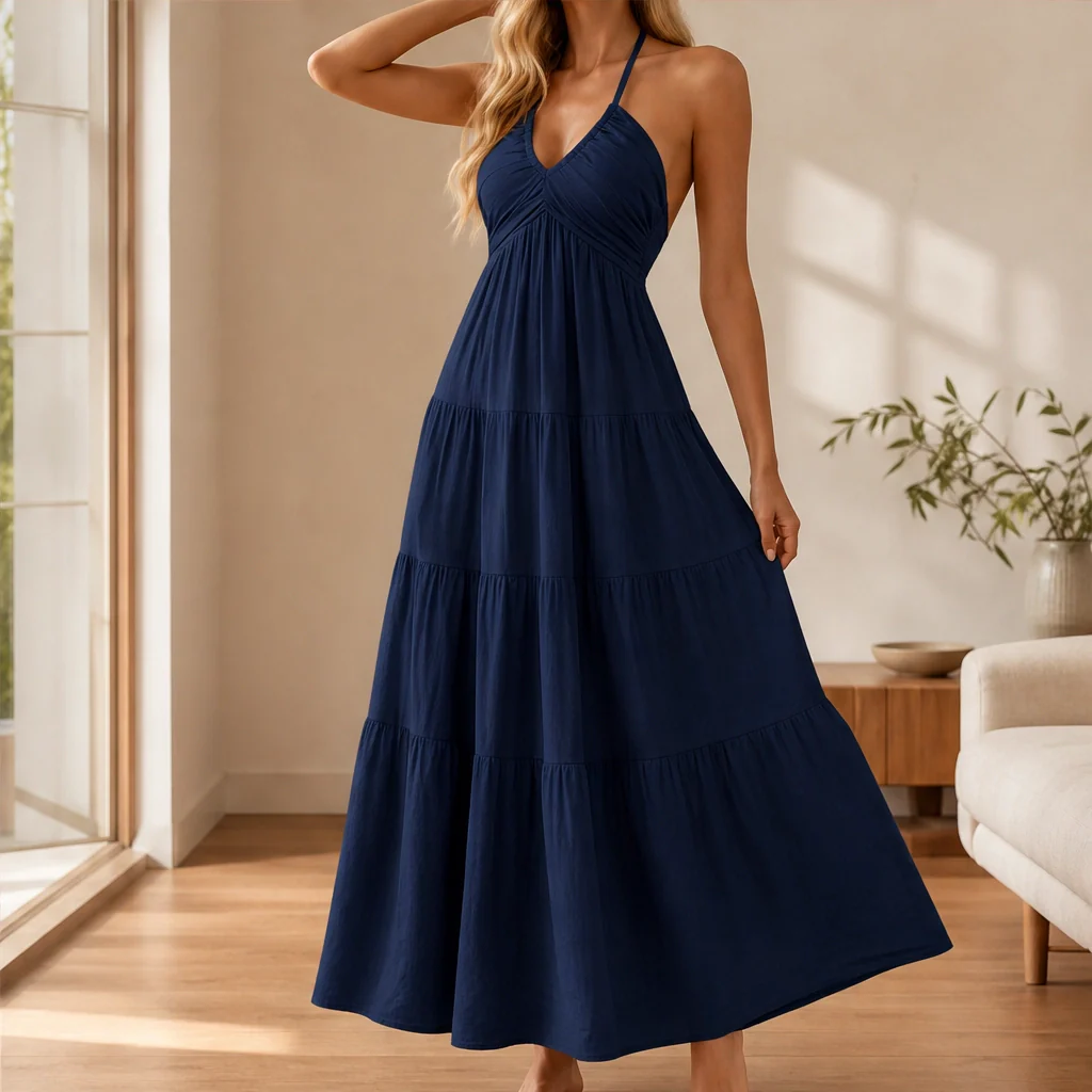 Sundara™ – Flowing Halter Backless Tiered Resort Maxi Dress + 50% OFF - Image 15
