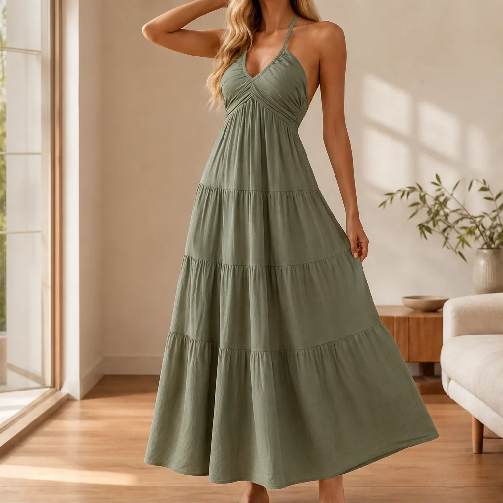 Sundara™ – Flowing Halter Backless Tiered Resort Maxi Dress + 50% OFF - Image 16