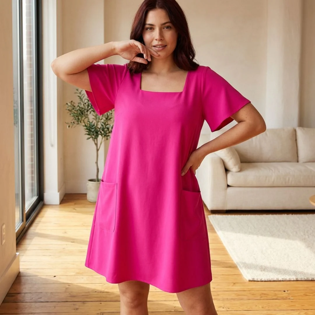 SwayForm™ – Square Neck Loose Fit Short Sleeve Mini Dress with Pockets + 50% OFF