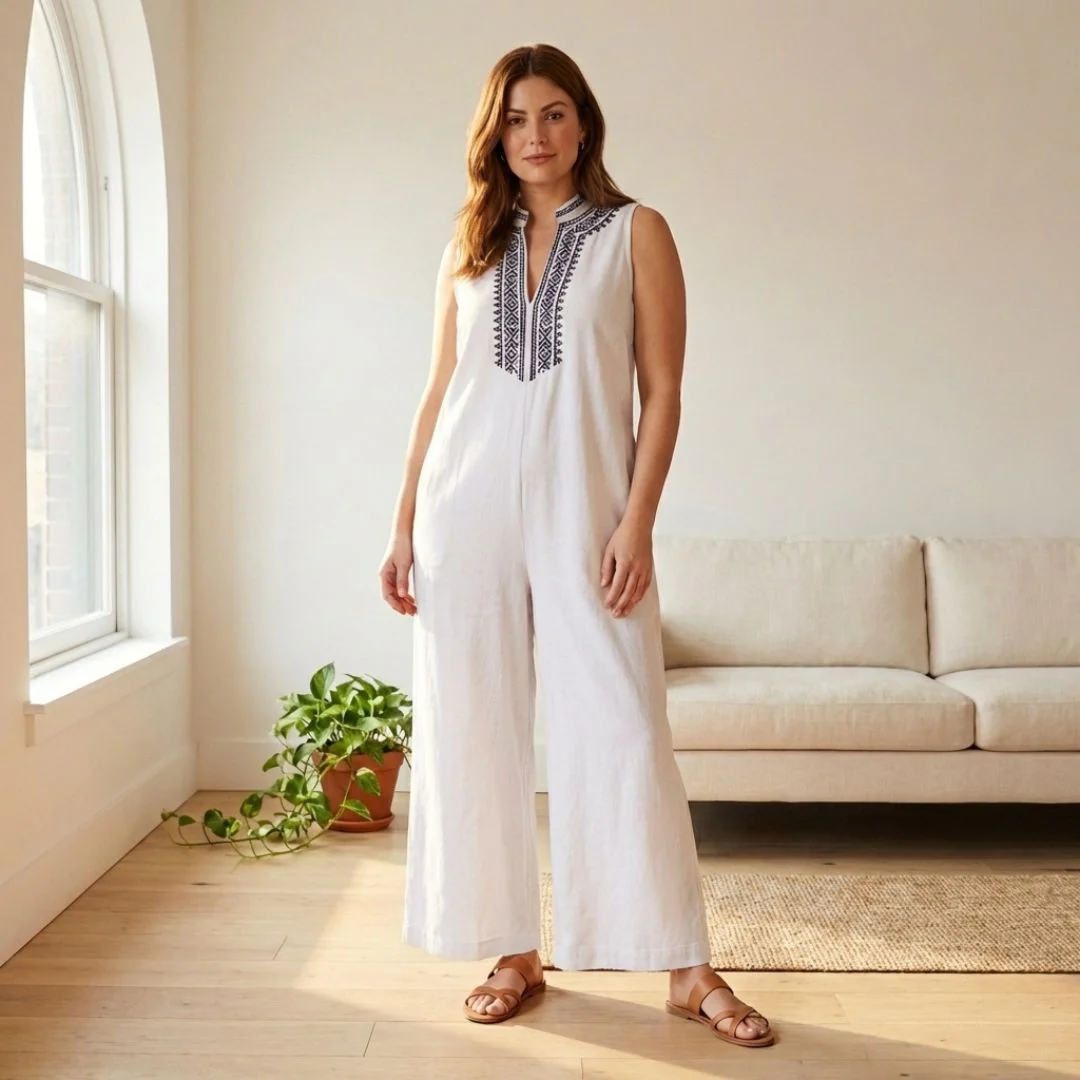Terraveil™ – Embroidered V-Neck Cotton-Linen Wide-Leg Jumpsuit + 50% OFF - Image 8