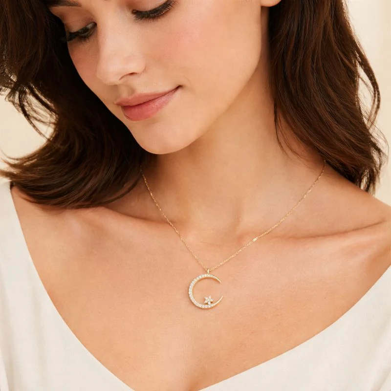 Veilune™ – CZ Crescent Moon & Star Pendant Necklace | Gold & Silver + 1+1 FREE
