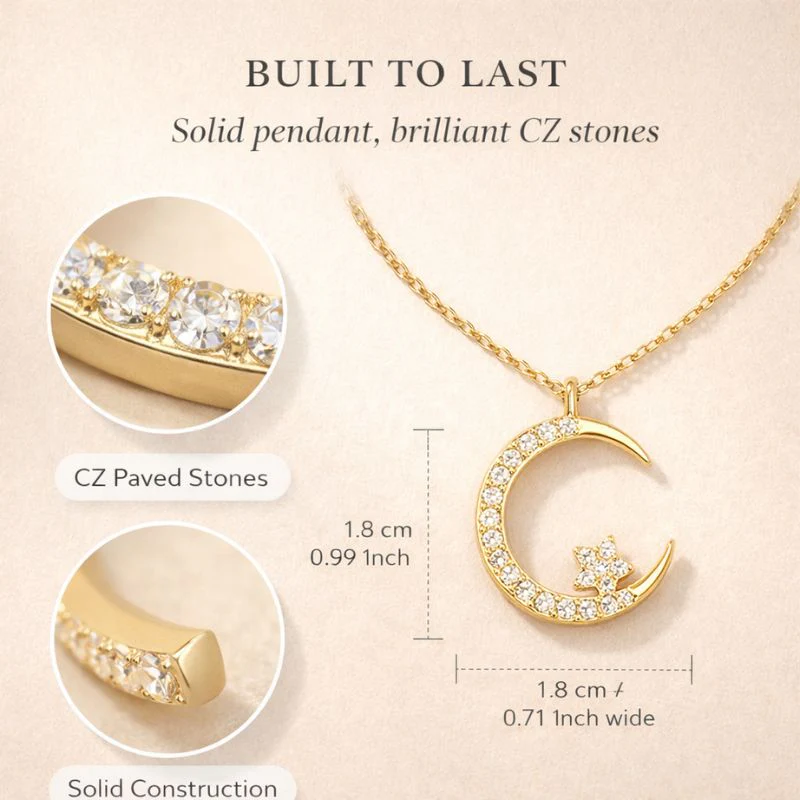 Veilune™ – CZ Crescent Moon & Star Pendant Necklace | Gold & Silver + 1+1 FREE - Image 3